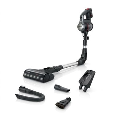 جارو شارژی ایستاده و دستی با مخزن 0.3 لیتری بوش مدل BCS711GB، با باتری لیتیوم 18 ولت و مکش قابل تنظیم در 3 حالت، مجهز به لوله تاشو، برس گردان و پارویی چراغ‌دار